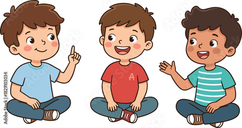 Three Diverse Cute Little Boys Sitting Cross-Legged: Sharing Ideas, Communicating, and Listening in a Group Discussion, Vector Cartoon