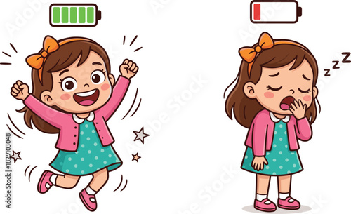 Cartoon Girl Energy Level Illustration: High Energy (Full Battery) Jumping Happily vs. Low Energy (Empty Battery) Yawning and Tired Vector Design