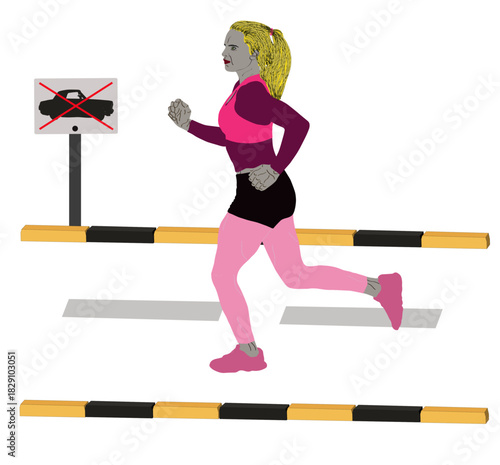 Morning running exercises with a girl between the yellow and black curb, wearing a sports outfit [Converted].ai