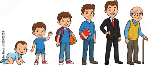 Male Life Cycle Vector Cartoon: Baby, Toddler, Schoolboy, Young Adult, Businessman, and Elderly Man Aging Process Stages Isolated on White