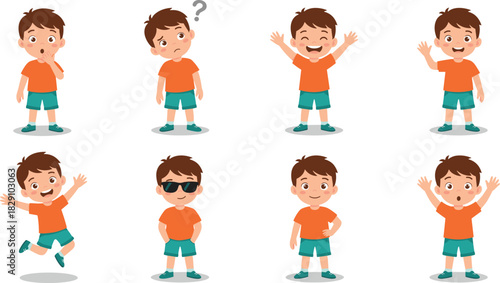 Wallpaper Mural Cute Little Boy Cartoon Character Vector Collection: Diverse Poses, Expressing Happiness, Surprise, Confusion, and Fun, Isolated on White Background Torontodigital.ca