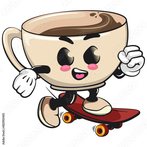 cute coffee cup mascot playing skateboarding, cartoon coffee mug vector illustration, work of hand drawn