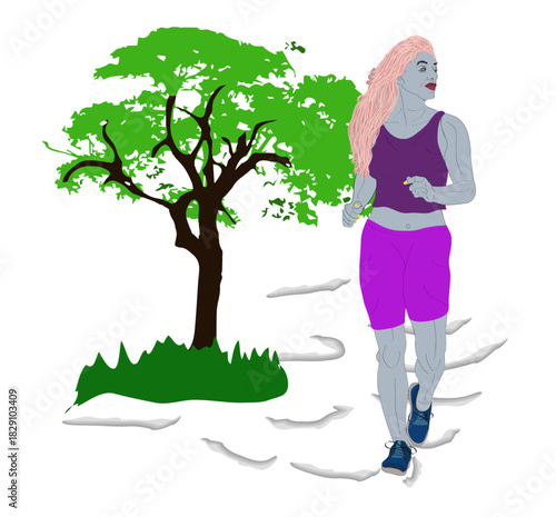 Tree with its green leaves, and a beautiful woman in a sporty outfit, practicing her daily runner. [Converted].ai