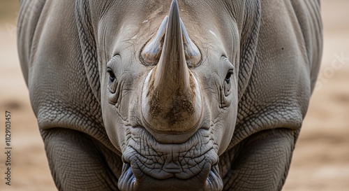 Close-up of a White Rhinoceros Face with Prominent Horns.