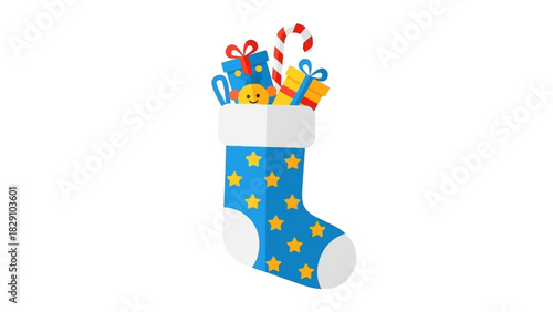 Blue Christmas stocking filled with gifts and a candy cane.