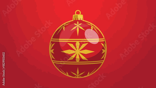 A shiny red Christmas bauble with intricate gold star patterns and stripes on a red background.