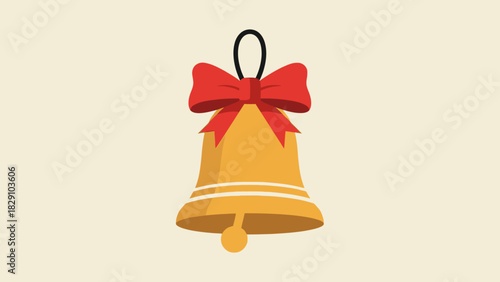 Golden bell with a red bow and black loop, a festive symbol for celebrations and holidays.