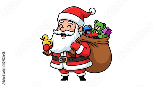 Cartoon Santa Claus holding a sack of toys and a rubber duck.