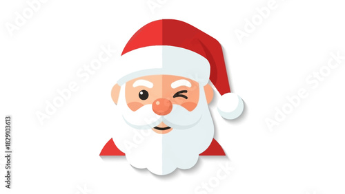 A charming flat design illustration of Santa Claus winking, featuring his iconic red hat, white beard, and rosy cheeks, on a clean white background.