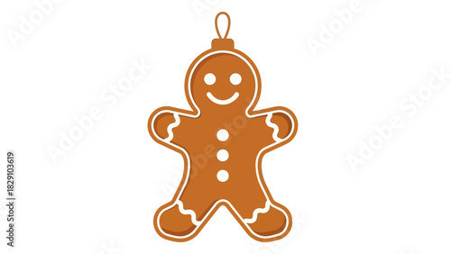 A cute gingerbread man cookie with white icing details, hanging as a festive Christmas ornament on a white background.