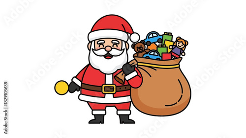 A cheerful cartoon Santa Claus standing with a large brown sack filled with children's toys.