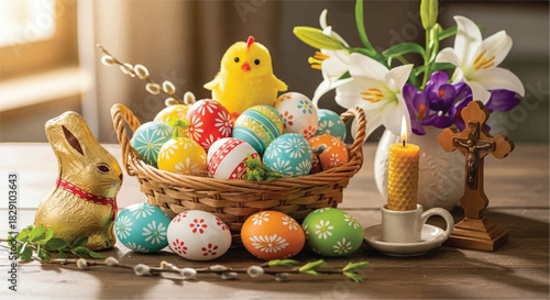 Easter Bunny And Decorated Eggs Basket With Candle And Flowers.