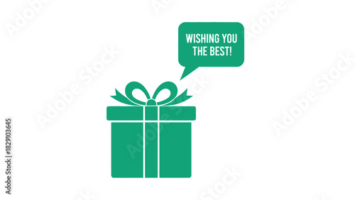 A green gift box with a ribbon and a speech bubble saying "Wishing you the best!" on a white background.