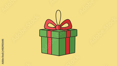 A simple cartoon illustration of a green gift box with a red ribbon and bow on a yellow background.