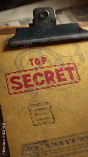 Secret documents on a wooden table with a clipboard and faded papers from an unknown location