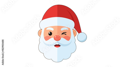 A cheerful cartoon illustration of Santa Claus winking with a red hat and white beard.