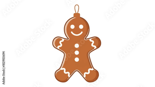 A smiling gingerbread man cookie hanging ornament with white icing decoration for Christmas, isolated on a white background.