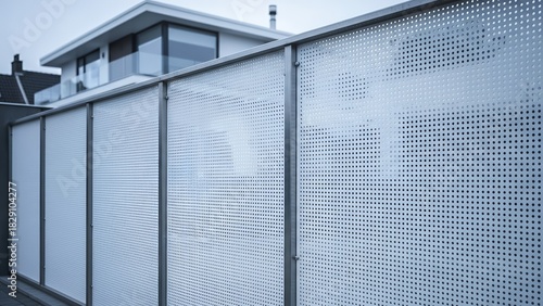 A perforated metal fence, offering a sleek and contemporary design. The mesh texture provides both privacy and a modern aesthetic to the residential property.