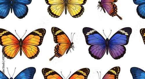 Colorful Seamless Pattern of Various Butterflies in Flight, a Beautiful Illustration of Nature's Delicate Winged Wonders