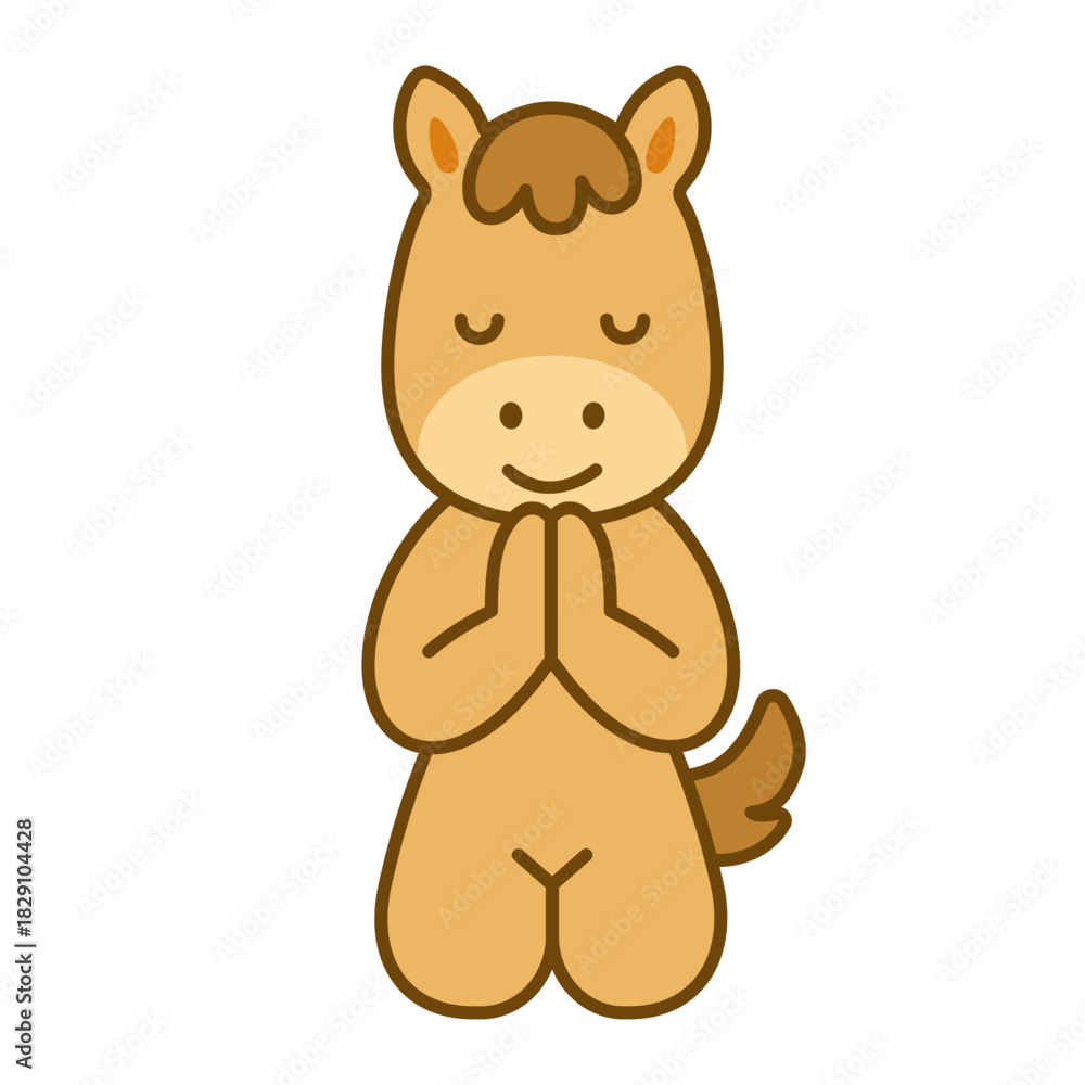 Naklejka premium 正座をして手を合わせる馬の可愛いイラスト（祈り・感謝・干支・お正月・いただきます）