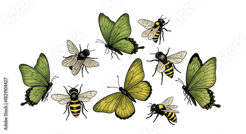 A detailed collection of hand-drawn green and yellow butterflies and striped honeybees, isolated on a white background for nature-themed designs