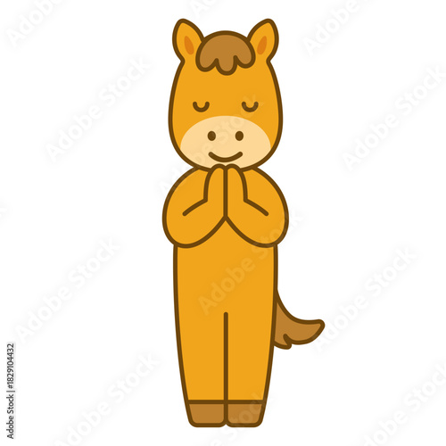 手を合わせて祈る馬のシンプルイラスト起立ver（干支・お正月・初詣）