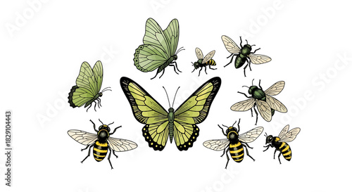 A delightful visual ensemble of elegant yellow and green butterflies accompanied by a busy swarm of bees, meticulously illustrated to highlight the beauty and diversity of flying insects