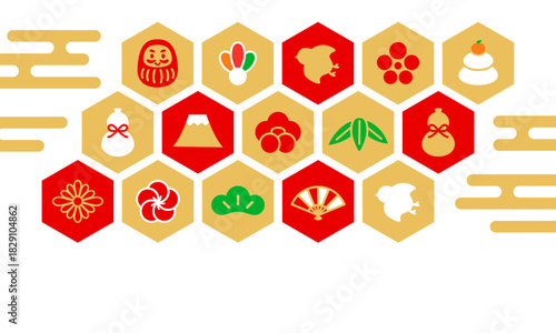 
霞文様と正月イメージの六角アイコンを組み合わせた華やかな和風背景素材（新春_年賀）