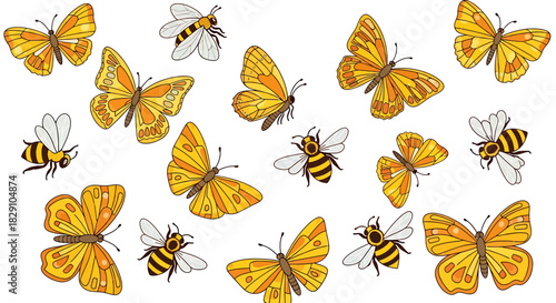 Hand-drawn collection of vibrant yellow and orange butterflies and bees, isolated summer insect vector illustration set on a white background