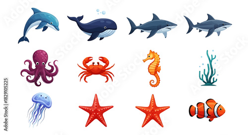 Vibrant vector collection of diverse marine animals, featuring ocean creatures like dolphins, whales, sharks, octopus, and starfish, for educational aquatic themes