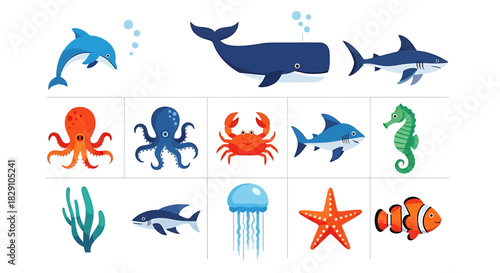 Collection of cute cartoon sea animals and marine life. Vector illustration set of ocean creatures like whale, shark, dolphin, and octopus