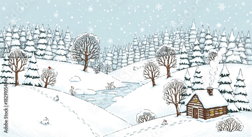 Cozy wooden cabin nestled in a serene snowy forest landscape.