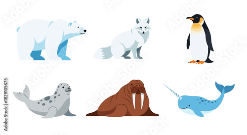 Arctic Animal Set Vector Illustrations of Polar Bear, Arctic Fox, Penguin, Seal, Walrus, and Narwhal for Design