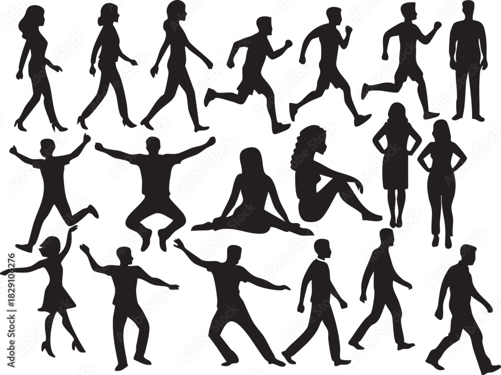 Fototapeta premium Human Action Movement Silhouettes on White Background Vector Fully Editable Smart Object Text Effect