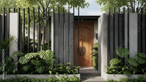 Contemporary tropical home entrance featuring a wooden door framed by concrete walls and lush green plants.  
