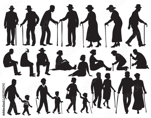 Elderly People With Cane Silhouettes on White Background Vector Fully Editable Smart Object Text Effect