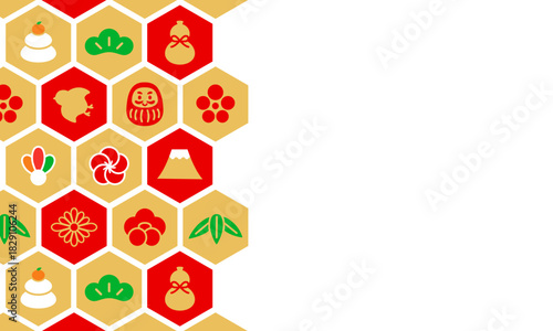 六角形パターンに正月アイコンを並べた華やかな年賀状背景イラスト
