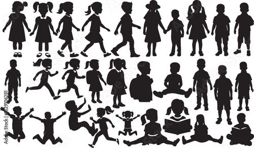 Children Playing Running and Jumping Silhouettes on White Background Vector Fully Editable Smart Object Text Effect