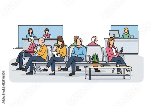 Waiting Room Scene with Diverse People and Staff in a Modern Setting