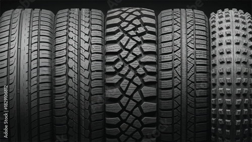 Close up of various tire treads for different vehicles.