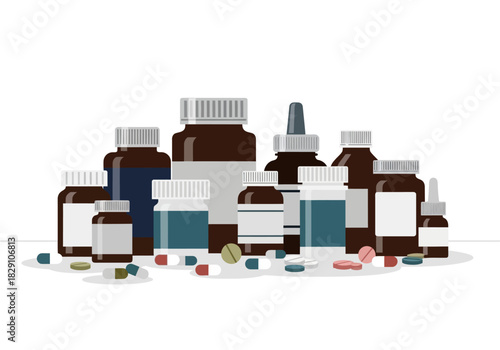 Assorted Medicine Bottles and Pills Illustration