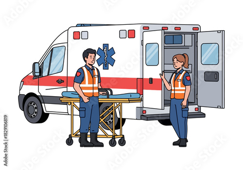 Cartoon Ambulance with Paramedics and Stretcher, Emergency Medical Services