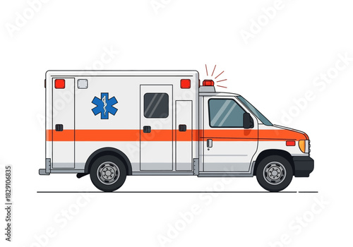 Cartoon Ambulance Vehicle with Star of Life Symbol and Orange Stripe