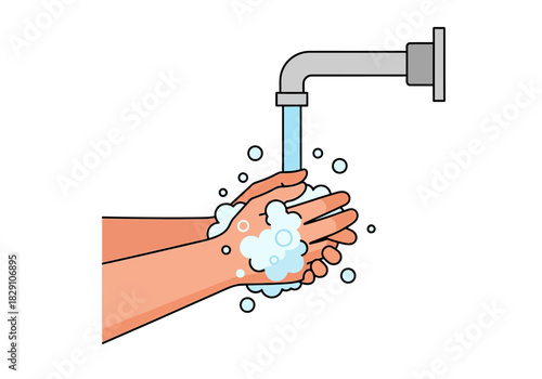 Cartoon Illustration of Hands Being Washed with Soap and Water