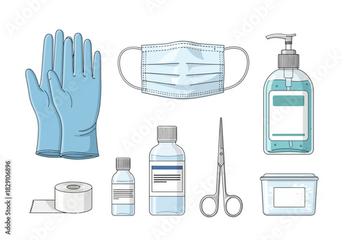 Medical Supplies: Gloves, Mask, Sanitizer, Bottles, Scissors, and Bandage