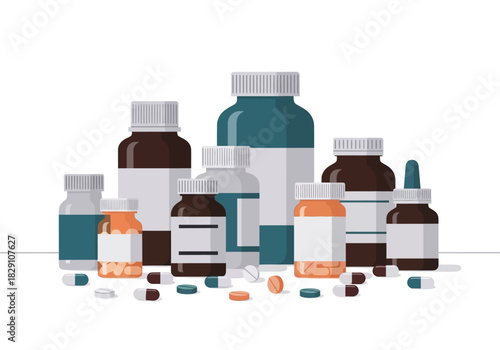 Assorted Medicine Bottles and Pills Illustration in Various Colors and Sizes