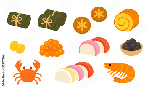日本のおせち料理の具材を集めたミニマルイラスト