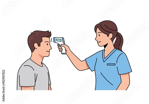 Nurse taking patient's temperature with a non-contact infrared thermometer.