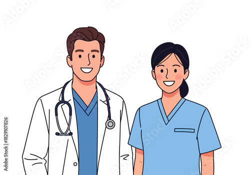 Illustration of a Doctor and Nurse in Uniforms, Smiling and Ready to Help