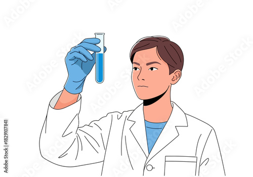 Scientist Examining Blue Liquid in Test Tube with Gloved Hand